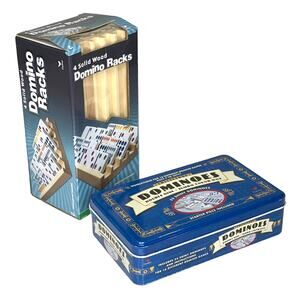 VTG Set 55pc Double Nine JUMBO Color Dot DOMINOES + 4 Wooden DOMINOE RACKS New